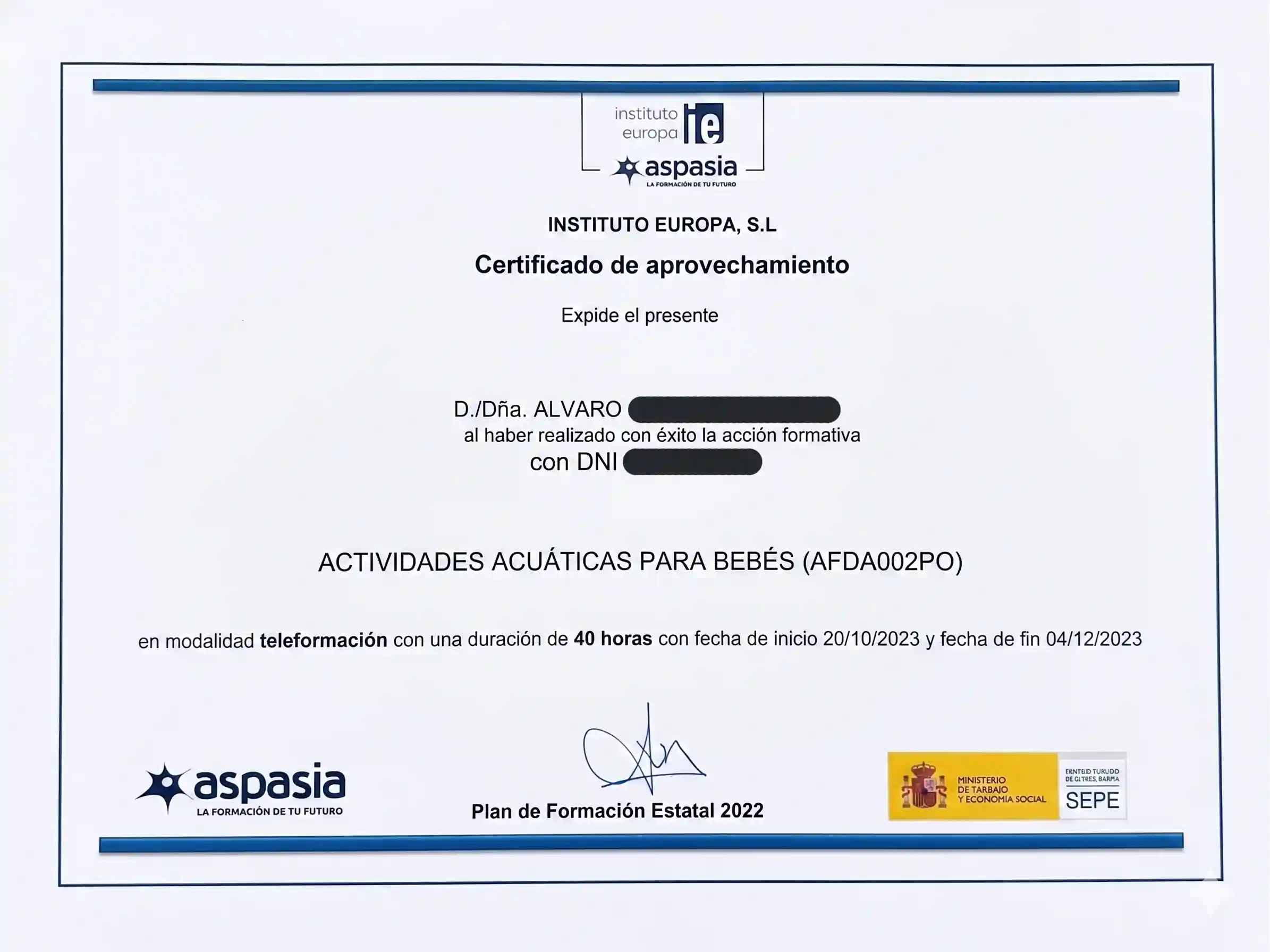 Diploma: Actividades acuaticas bebes